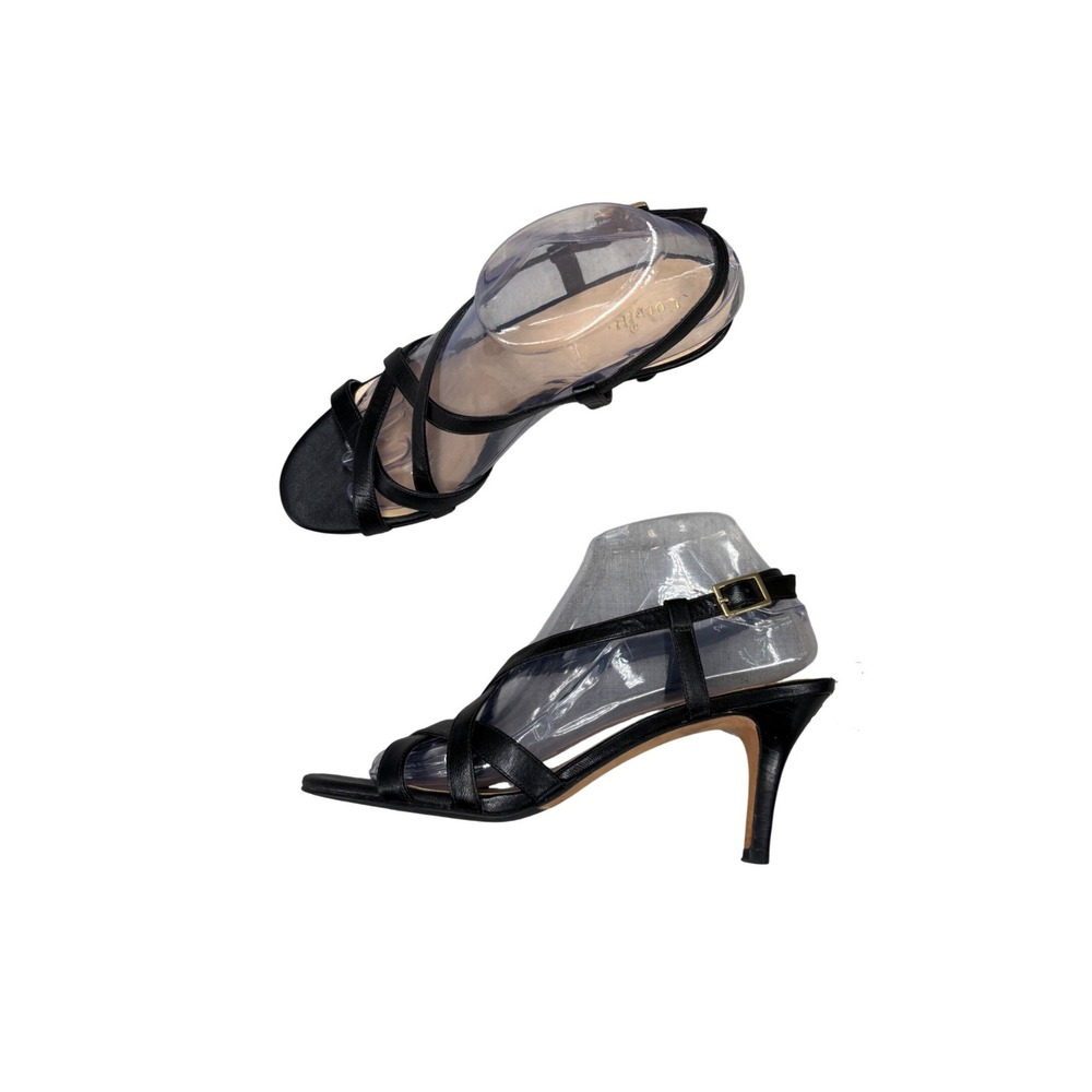 Cole Haan Strappy Stiletto Heels Black Leather Sandals Ankle Buckle Women's 8